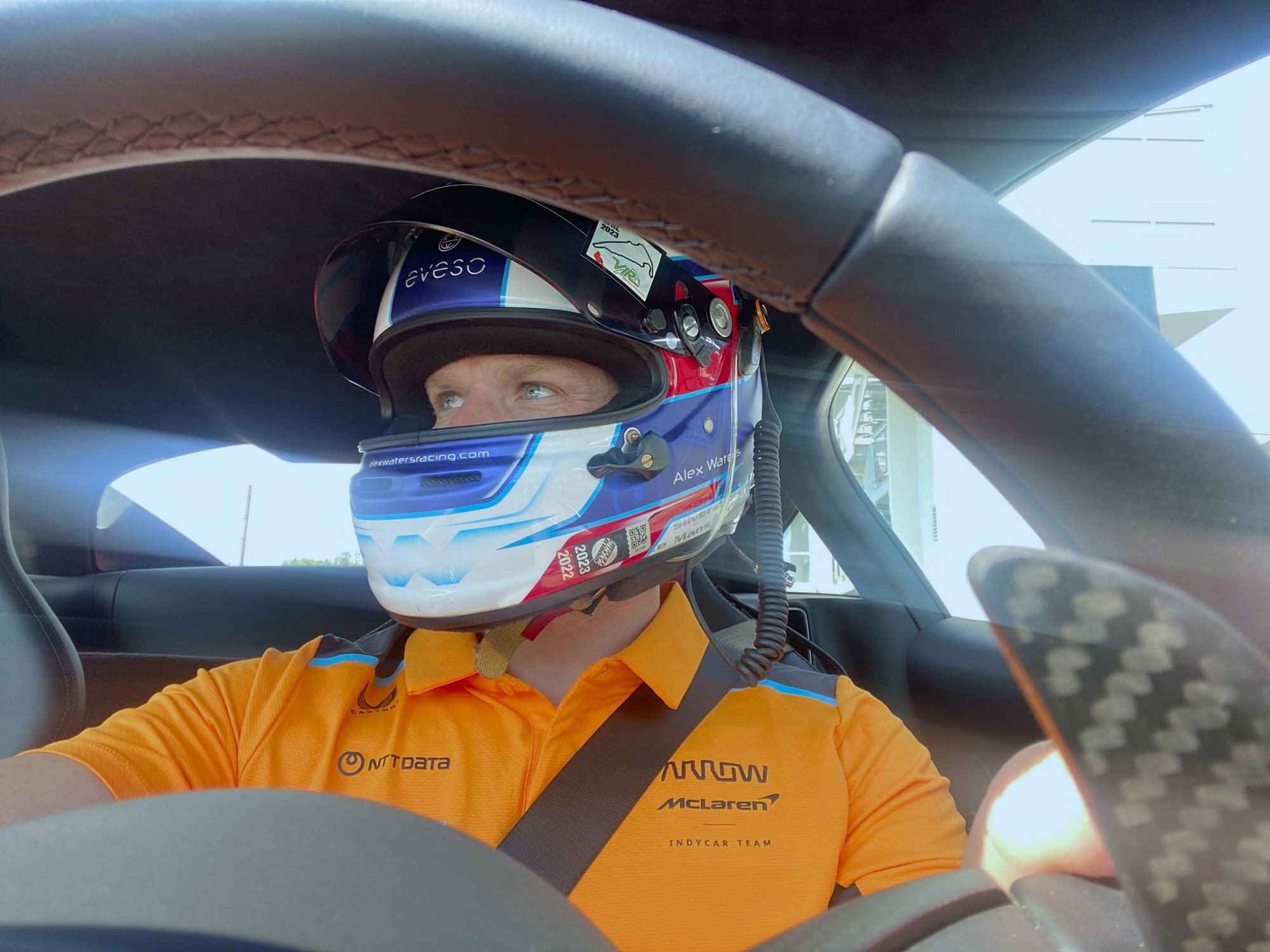 Alex Waters helmeted in a McLaren