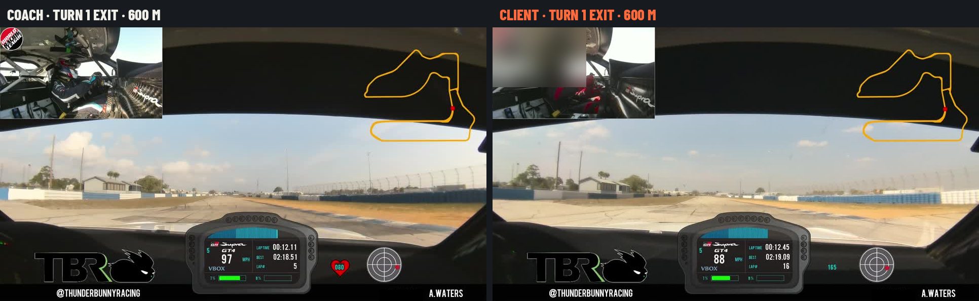 Coach and client at 600 m, exit of turn 1