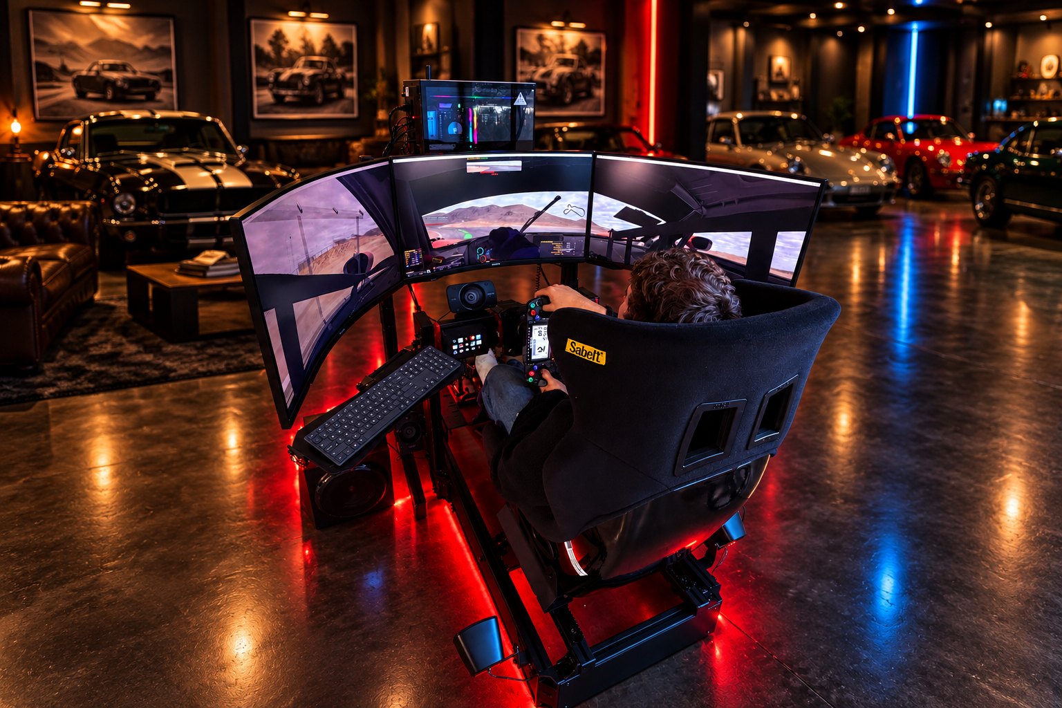 Level 3 simulator in session in a private garage, LED underglow, collector cars behind