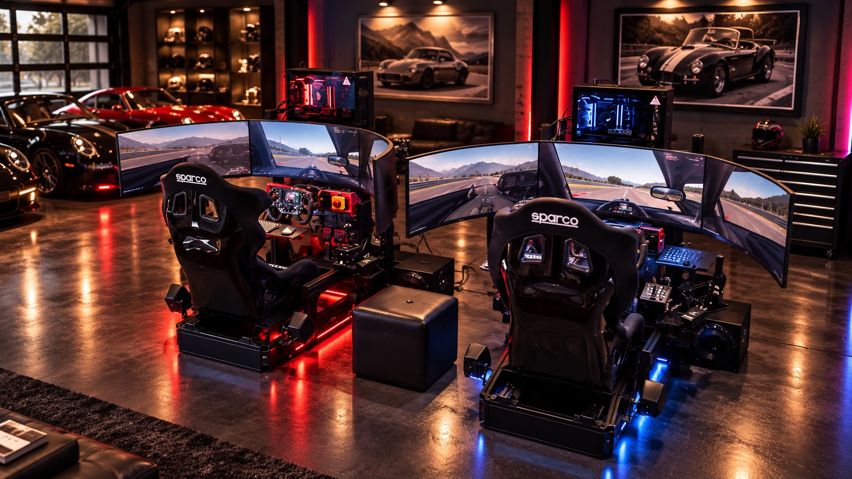 Two Level 2 simulators installed side by side in a private garage with LED underglow